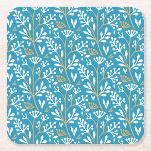Seamless Floral Pattern: White and Gold on Blue Rechteckiger Pappuntersetzer (Vorderseite)