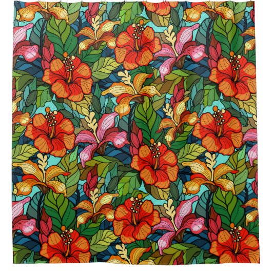 Seamless floral pattern with hibiscus flowers duschvorhang (Vorderseite)