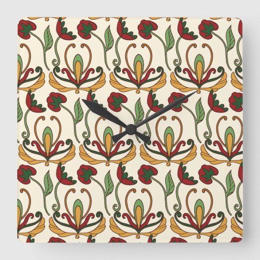 Seamless floral pattern with red and yellow  quadratische wanduhr (Vorderseite)