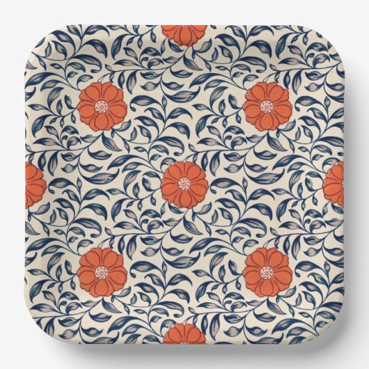 Seamless floral pattern with vibrant orange flower pappteller (Vorderseite)