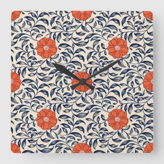 Seamless floral pattern with vibrant orange flower quadratische wanduhr (Vorderseite)