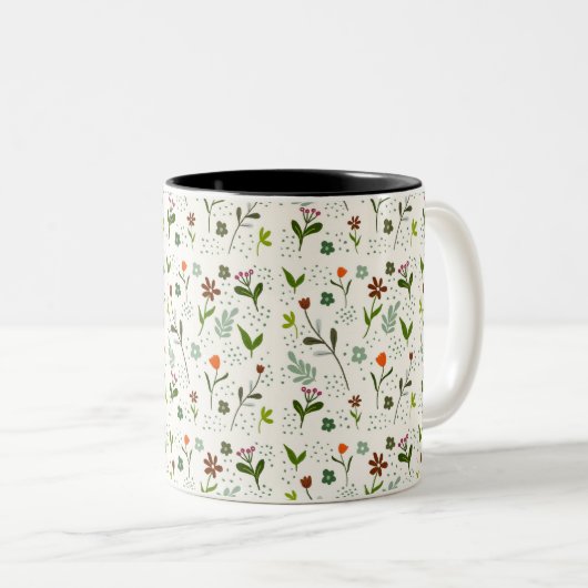 Seamless Green Leaf Pattern – Hand-Drawn Botanical Zweifarbige Tasse (VorderseiteRechts)