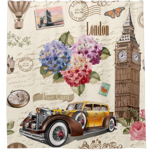 Seamless London vintage background with retro, Duschvorhang (Vorderseite)
