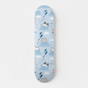 Seamless Pattern Cute Kawaii Cats clouds kite Skateboard