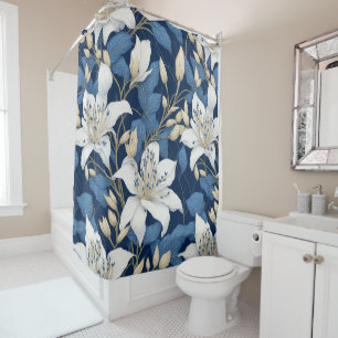 Seamless Pattern Lilies White Blue Floral Summer Duschvorhang