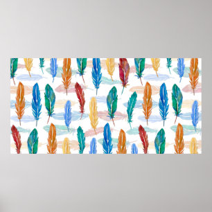 Seamless pattern of bright feathers painted in wat poster