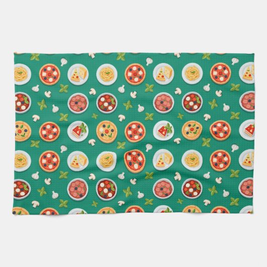 Seamless pattern on green pizza pasta and tomato geschirrtuch (Horizontal)