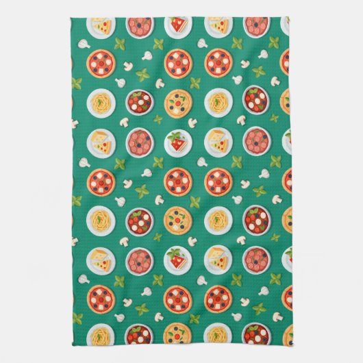 Seamless pattern on green pizza pasta and tomato geschirrtuch (Vertikal)