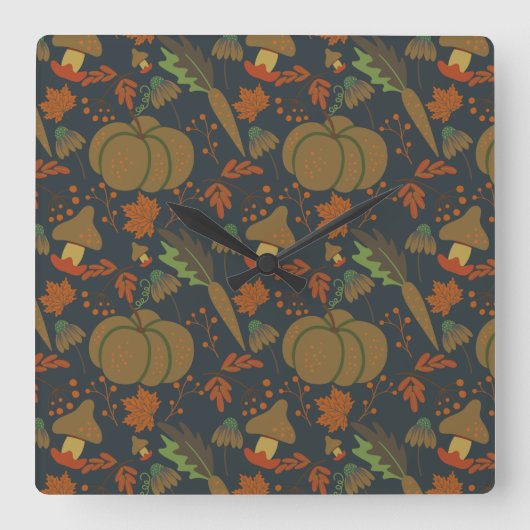Seamless pattern Pumpkin & carrot dark background Quadratische Wanduhr (Vorderseite)