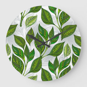 Seamless Pattern with Green Tea Leaves Große Wanduhr