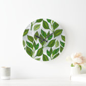 Seamless Pattern with Green Tea Leaves Große Wanduhr (Zuhause)