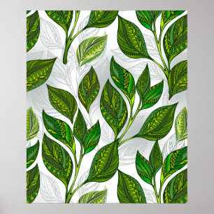 Seamless Pattern with Green Tea Leaves Poster