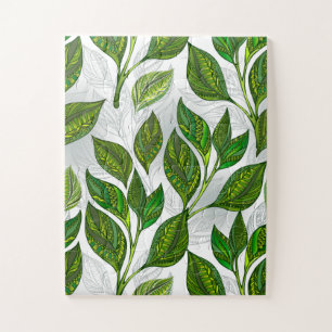 Seamless Pattern with Green Tea Leaves Puzzle
