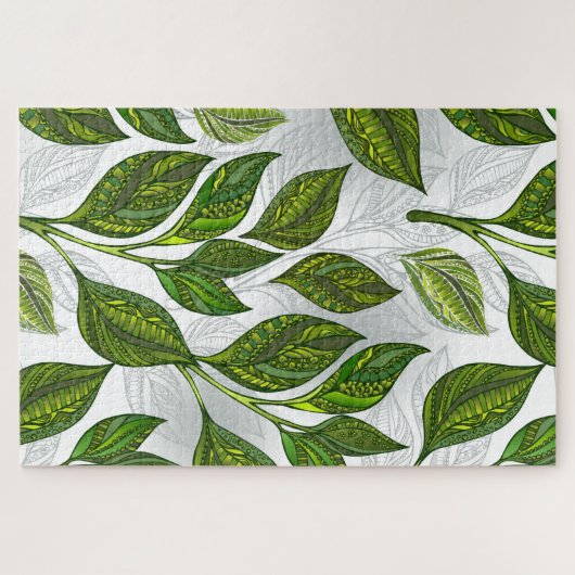 Seamless Pattern with Green Tea Leaves Puzzle (Horizontal)