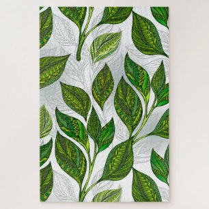 Seamless Pattern with Green Tea Leaves Puzzle