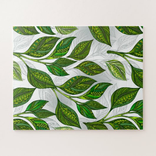 Seamless Pattern with Green Tea Leaves Puzzle (Horizontal)