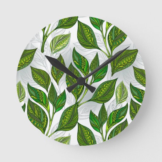 Seamless Pattern with Green Tea Leaves Runde Wanduhr (Vorderseite)