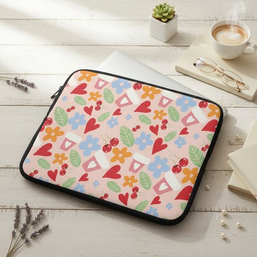 seamless pattern with hearts,  flowers and cherrie laptopschutzhülle