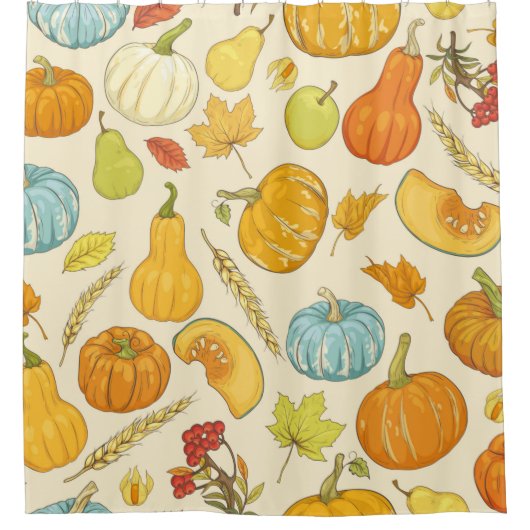 Seamless pattern with pumpkins, autumn leaves, app duschvorhang (Vorderseite)