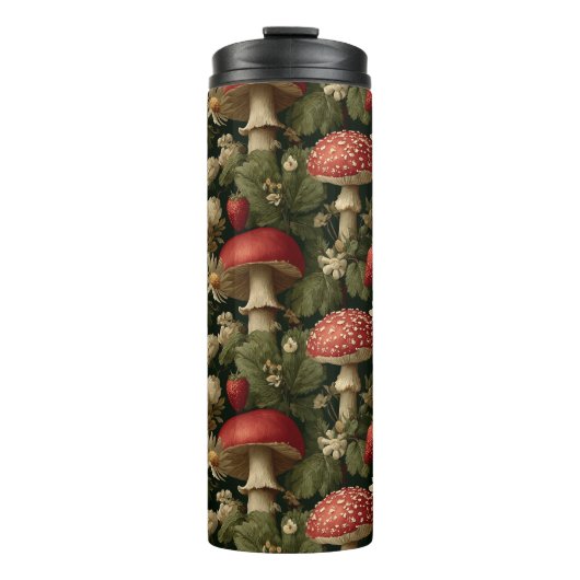 Seamless Pattern with Red Fly Agaric and Flowers Thermosbecher (Vorderseite)