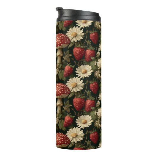 Seamless Pattern with Red Fly Agaric and Flowers Thermosbecher (Nach rechts gedreht)