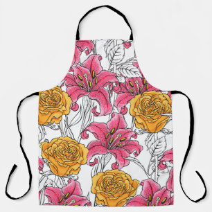 Seamless pattern with roses and lilies. Hand Drawn Schürze