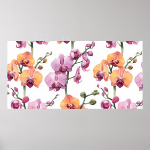 Seamless pattern with watercolor orchid flowers  poster