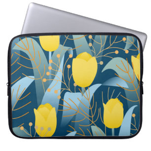 Seamless pattern yellow tulips on dark blue backgr laptopschutzhülle