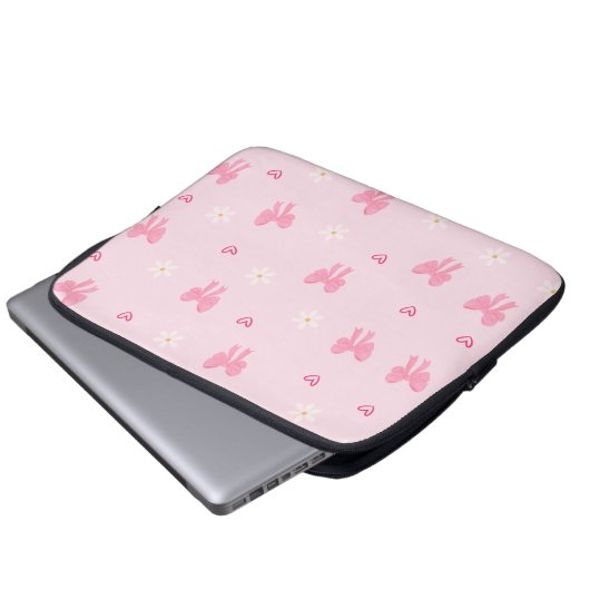 Seamless Pink Bow and Floral Pattern – Cute Girly  Laptopschutzhülle (Vorne Knopf)