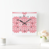 Seamless pink romantic elegant lace lacy bow white quadratische wanduhr (Zuhause)