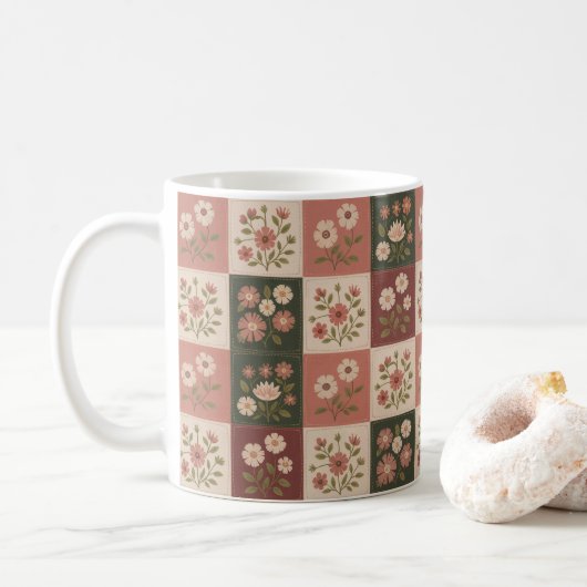 Seamless Rustic Floral Patchwork Kaffeetasse (Mit Donut)