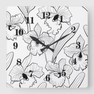 Seamless sketched orchid cattleya flowers tropical quadratische wanduhr
