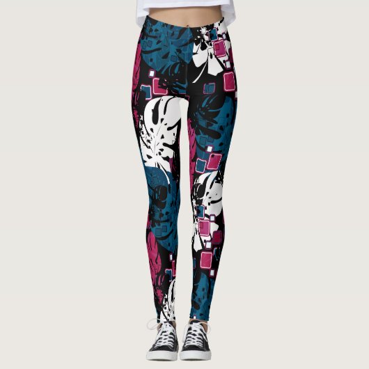 Seamless Tropical Dschungle Blätter Monstera Palm  Leggings (Vorderseite)