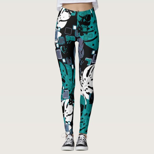 Seamless Tropical Dschungle Blätter Monstera Palm  Leggings (Vorderseite)