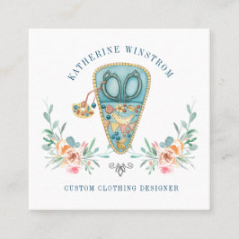 Seamstress Fashion Designer Nähen Blau Rosa Quadratische Visitenkarte