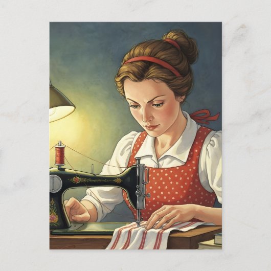 Seamstress Lady Sewing On Vintage Sewing Machine Postkarte (Vorderseite)