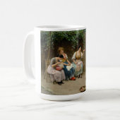 Seamstress Women und ein Junge mit einem freundlic Kaffeetasse (Vorderseite Links)