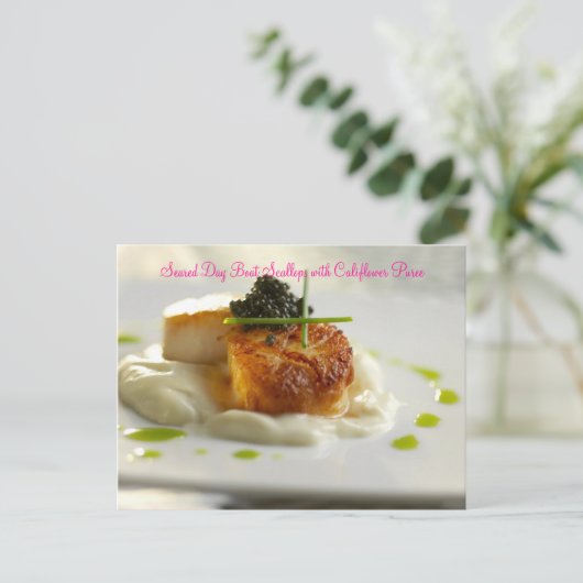 Seared Day Boat Scallops mit Califl.. Postkarte (Stehend Vorderseite)