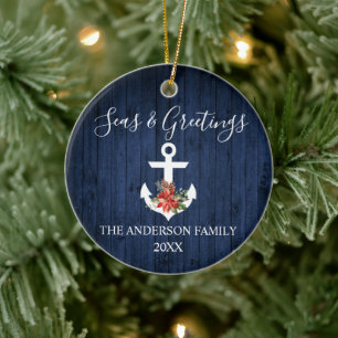 Seas and Greetings Blue Wood Poinsettia Anchor Keramik Ornament