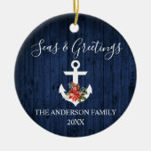 Seas and Greetings Blue Wood Poinsettia Anchor Keramik Ornament (Vorne)