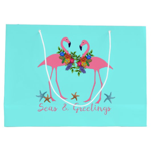 Seas and Greetings Flamingo Couple Aqua Große Geschenktüte (Rückseite)