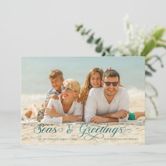 Seas and Greetings Nautical Holiday Foto Card (Stehend Vorderseite)