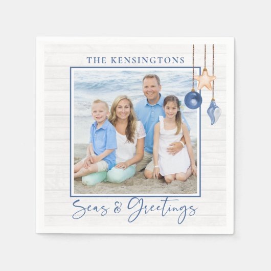 Seas and Greetings Nautical Seashell Wood Foto Serviette (Vorderseite)