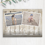 Seas & Greetings 5 Photo Beach Vacation Wood Feiertagskarte<br><div class="desc">Use your favorite beach vacation photos to create a beautiful, fun Christmas card. "Seas and Greetings" is on the front with your customized message at the bottom on a rustic, coastal wood print. The back also features the wood print along with room for three photos and a message to your...</div>