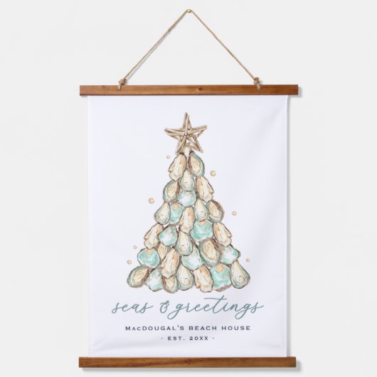 "Seas & Greetings" Beach House Christmas Oyster Wandteppich Mit Holzrahmen (Vorderseite)