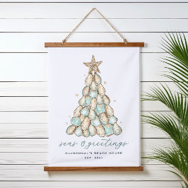 "Seas & Greetings" Beach House Christmas Oyster Wandteppich Mit Holzrahmen