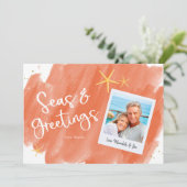 Seas & Greetings Coral & Gold Watercolor Holiday (Stehend Vorderseite)
