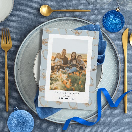 Seas & Greetings Seashell Blue Holiday Foto Card Einladung