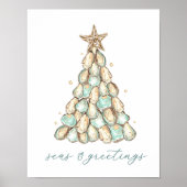 "Seas & Greetings" Strandhaus Weihnachtsauster Poster (Vorne)