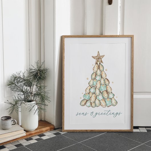"Seas & Greetings" Strandhaus Weihnachtsauster Poster